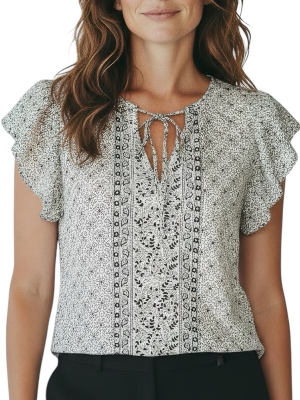 NWT LUCKY BRAND Short Flutter Sleeve Tie V-Neckline Floral Print Top Size Medium